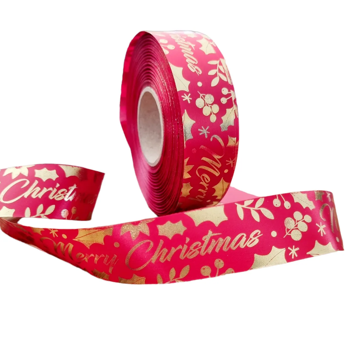 Red & Gold Printed Merry Christmas Holly Satin Ribbon - 50m Roll