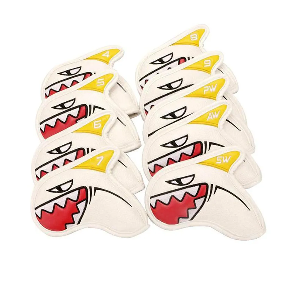 9 Piece Cute Shark Shape PU Leather Golf Iron Head Covers Set - White