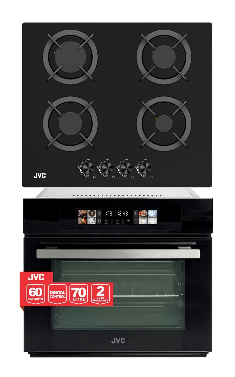 JVC Oven and Hob Box Set - 60cm 70 Litre Oven + 60cm 4 Plate Gas Hob
