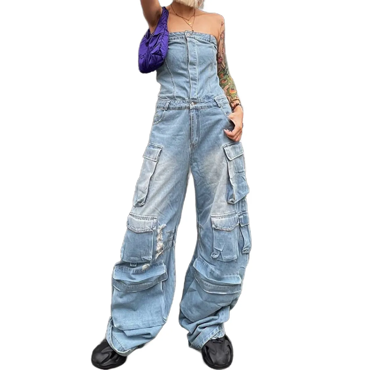 New Street Style Tube Top Multi-Pocket Denim Overalls Jumpsuit-Demin Blue