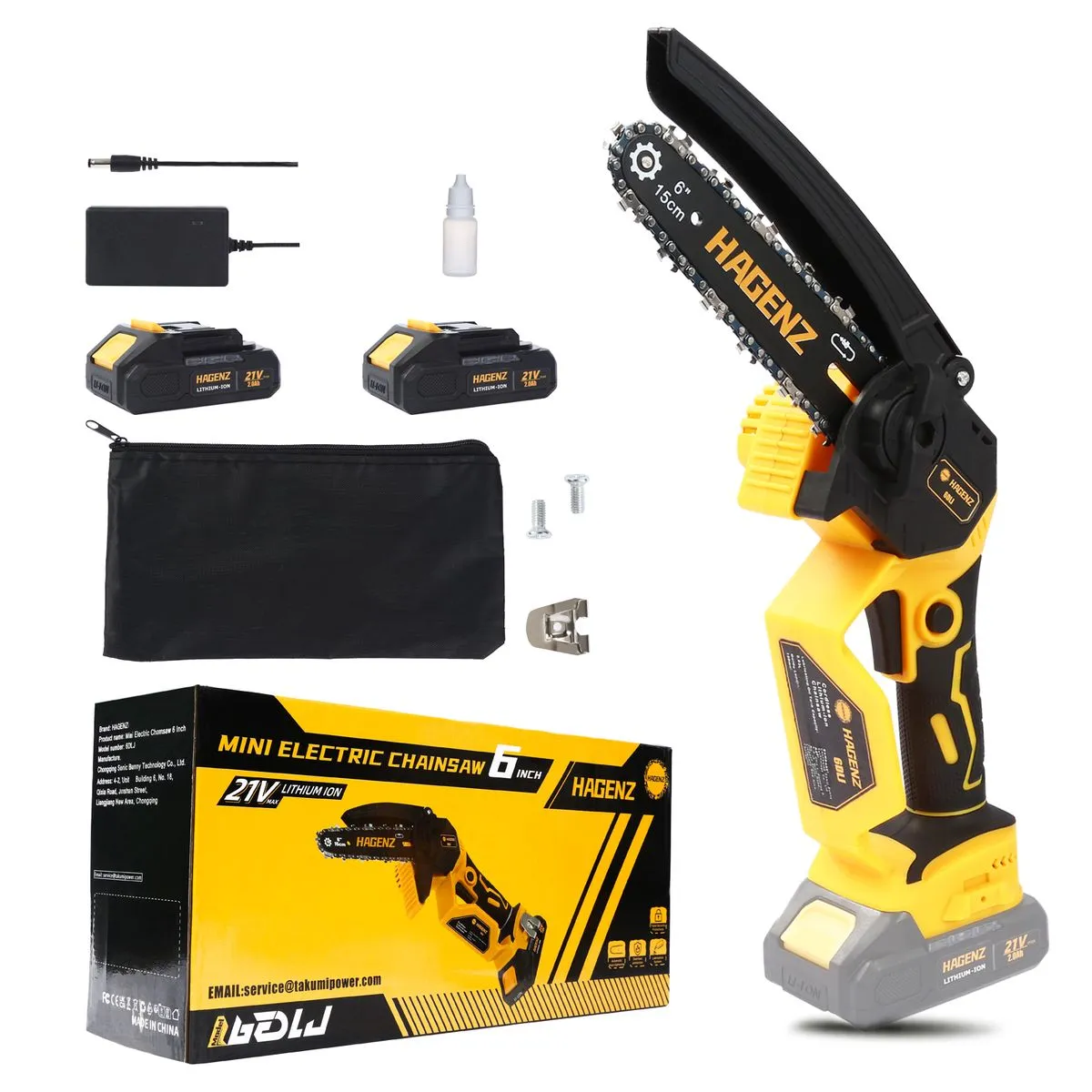 Hagenz Chainsaw 15cm 21V Cordless Handheld Chainsaw with Two 2.0AH Battery