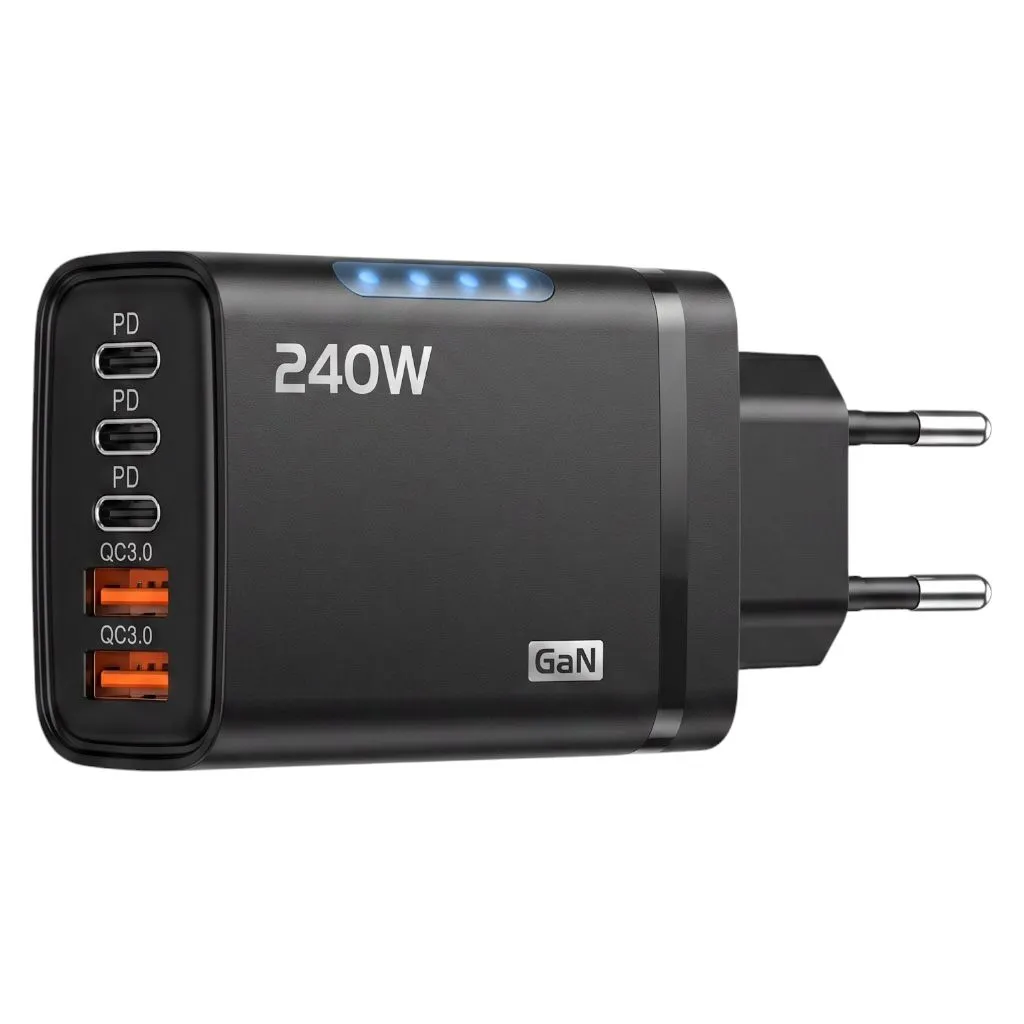 240W Super Fast PD Charger - 2USB Ports & 3 Type C - Black