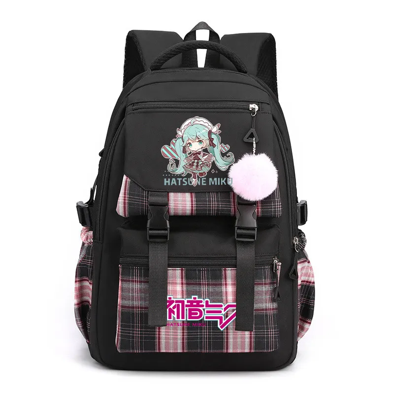 Cartoon Merchandise Hatsune Miku Plaid fabric Stylish Durable Backpack - Black