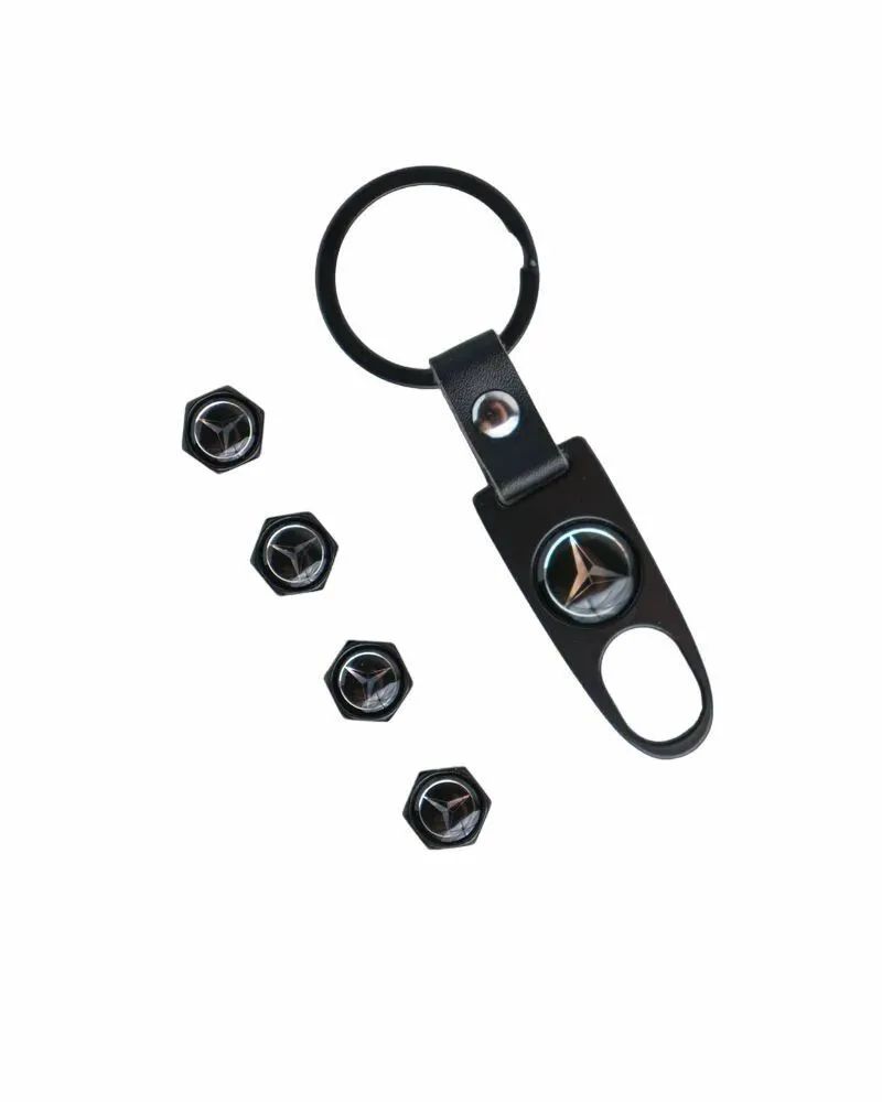 Car Key Ring and Valve Cap Set - Compatible with Mercedes