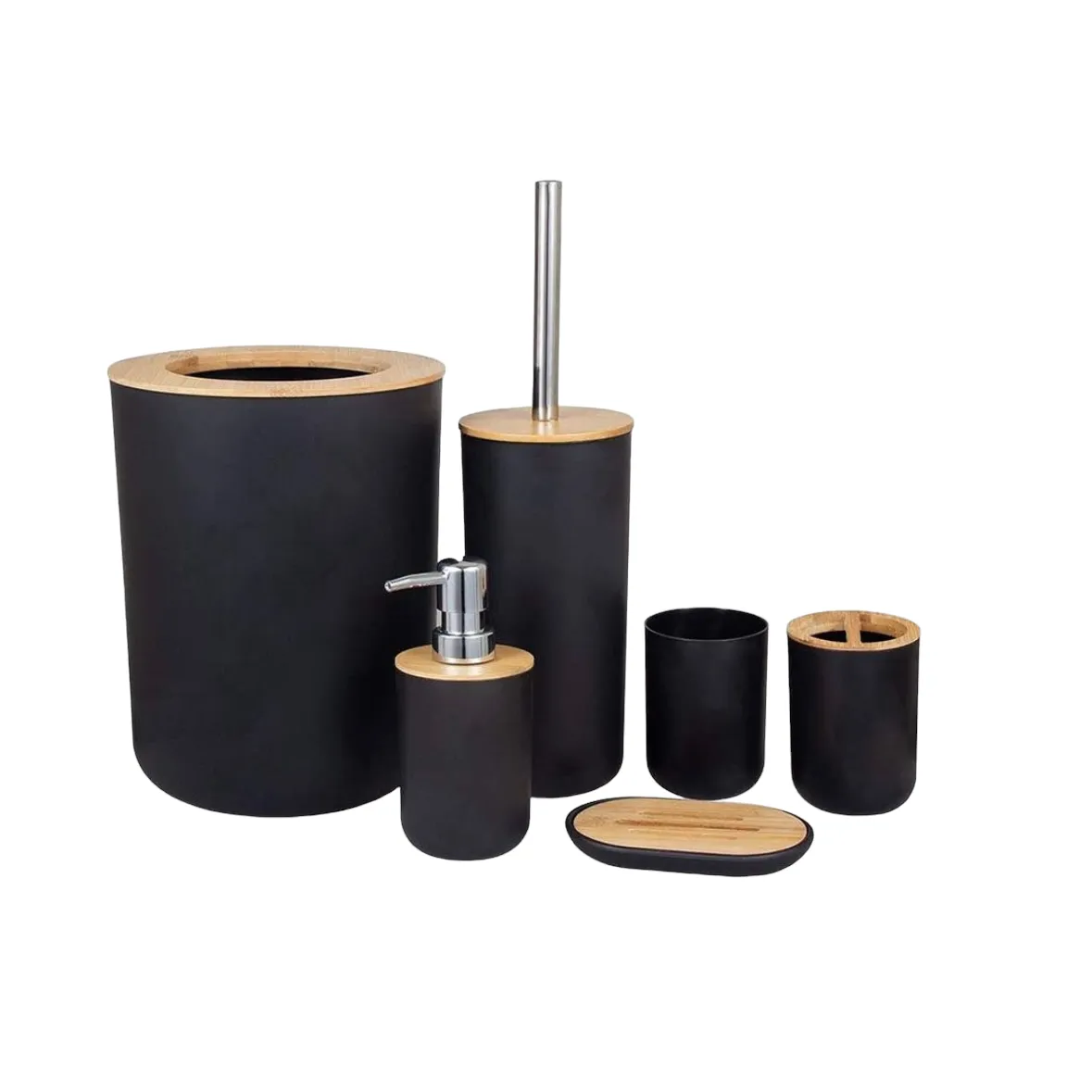 Bathroom Accessories Set Modern Decor Bamboo Lid Bathroom Kit - 6-Piece - Black