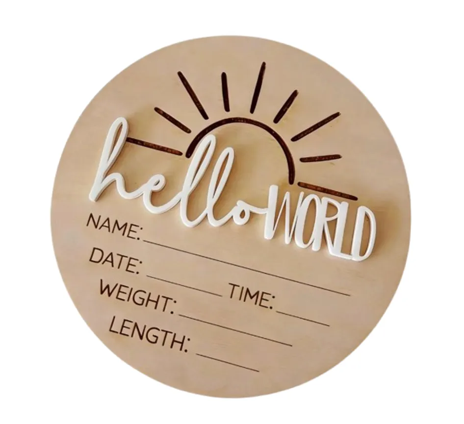 Birth Announcement disc 15cm - Hello World - White