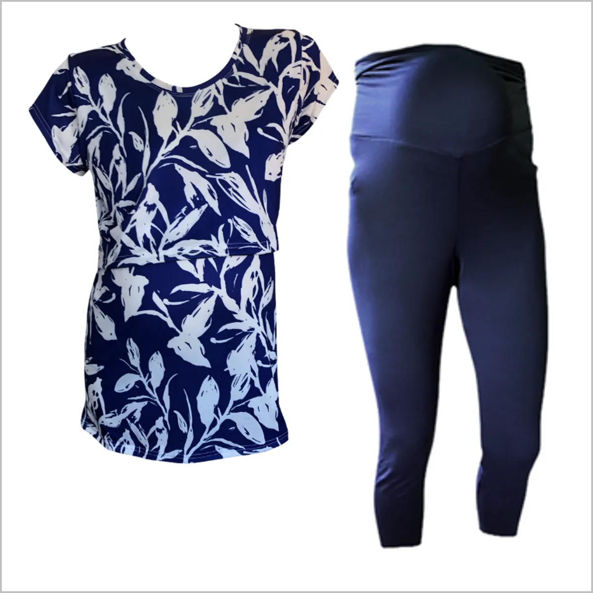 Maternity & Nursing T-Shirt with Capri leggings - Blue/White Leaves & Navy