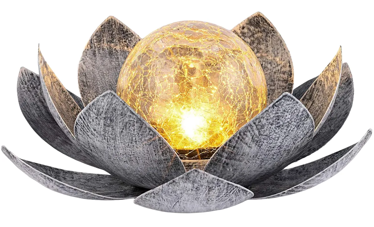Lotus Solar Lights Outdoor Garden Decor, Amber Crackle Globe Glass Decor