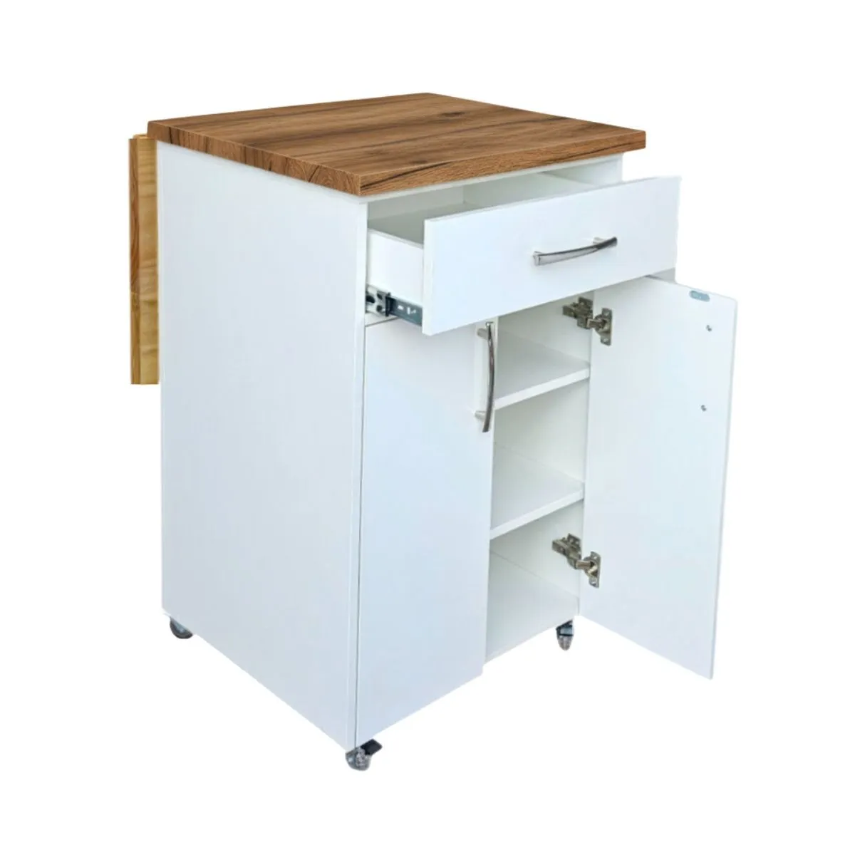 Small Kitchen Island on Wheels with Fold-Out Table & Shelves - White/Kalahari