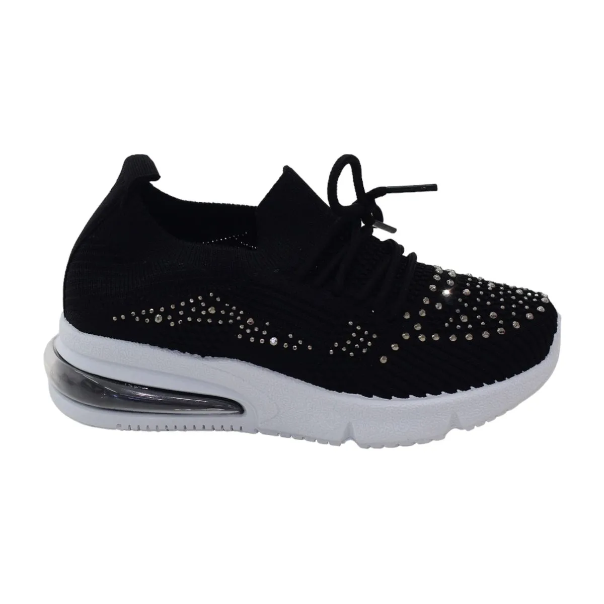 Lamara Paris Obioma Girls Fly Knit Lace Up Sneaker With Diamonds Black