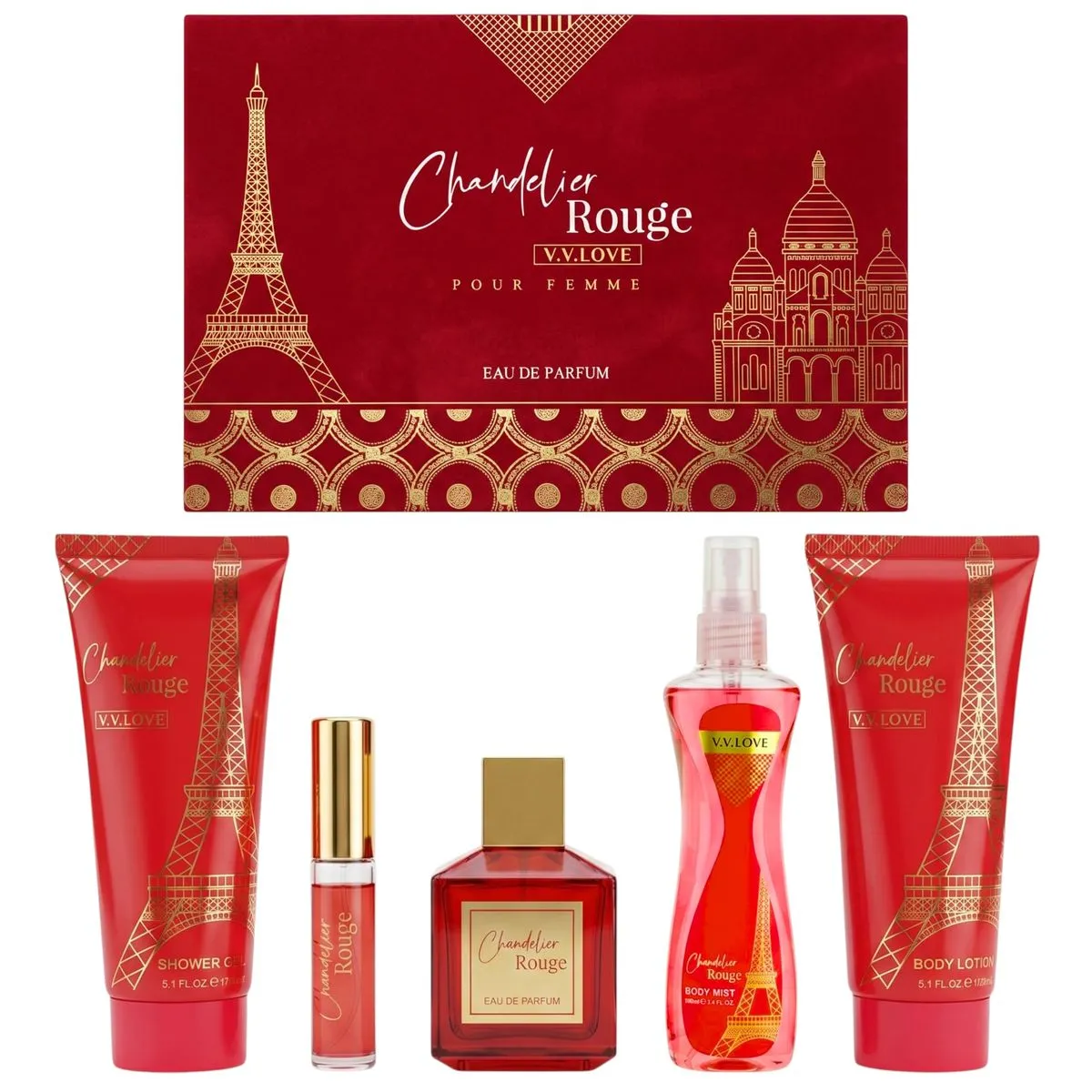 5 Pieces Gift Set V.V.LOVE Chandelier Rouge For Her Eau de Parfum 100ml