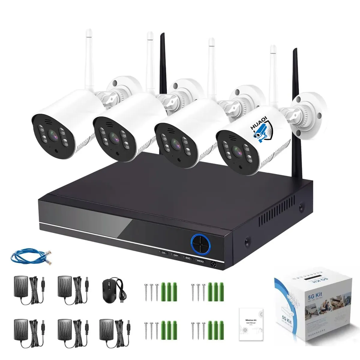 Security Camera System Kit, 8CH 2MP WiFi NVR + 500 GB HDD +4 Cameras HUAOI - No 500GB hard drive