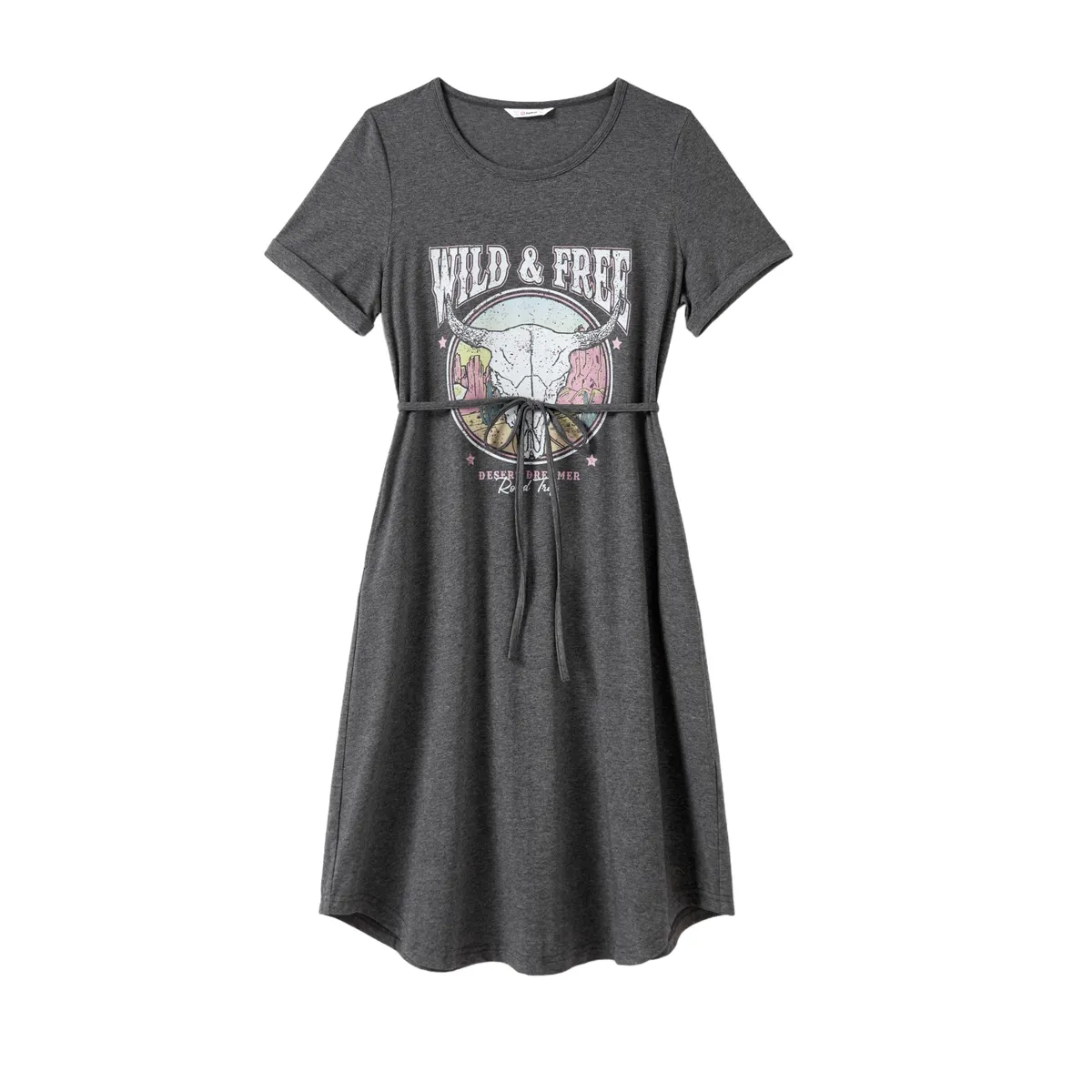 Wild & Free Graphic T-Shirt Dress, Grey Casual Midi Dress with Belt