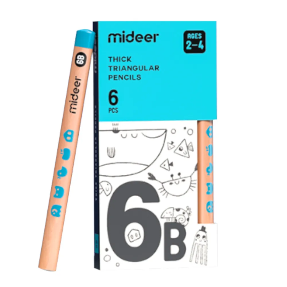 Mideer - Triangular 6B Pencils 6 Thick Easy Grip Pencils for Early Writing