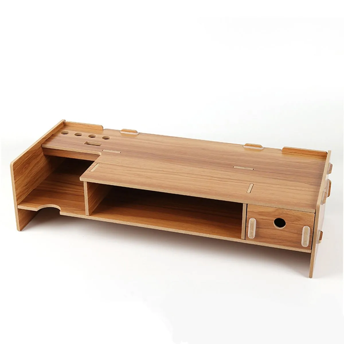 Monitor Stand Tabletop Storage Wood Desktop Rack Computer Stand With Drawer - Brown