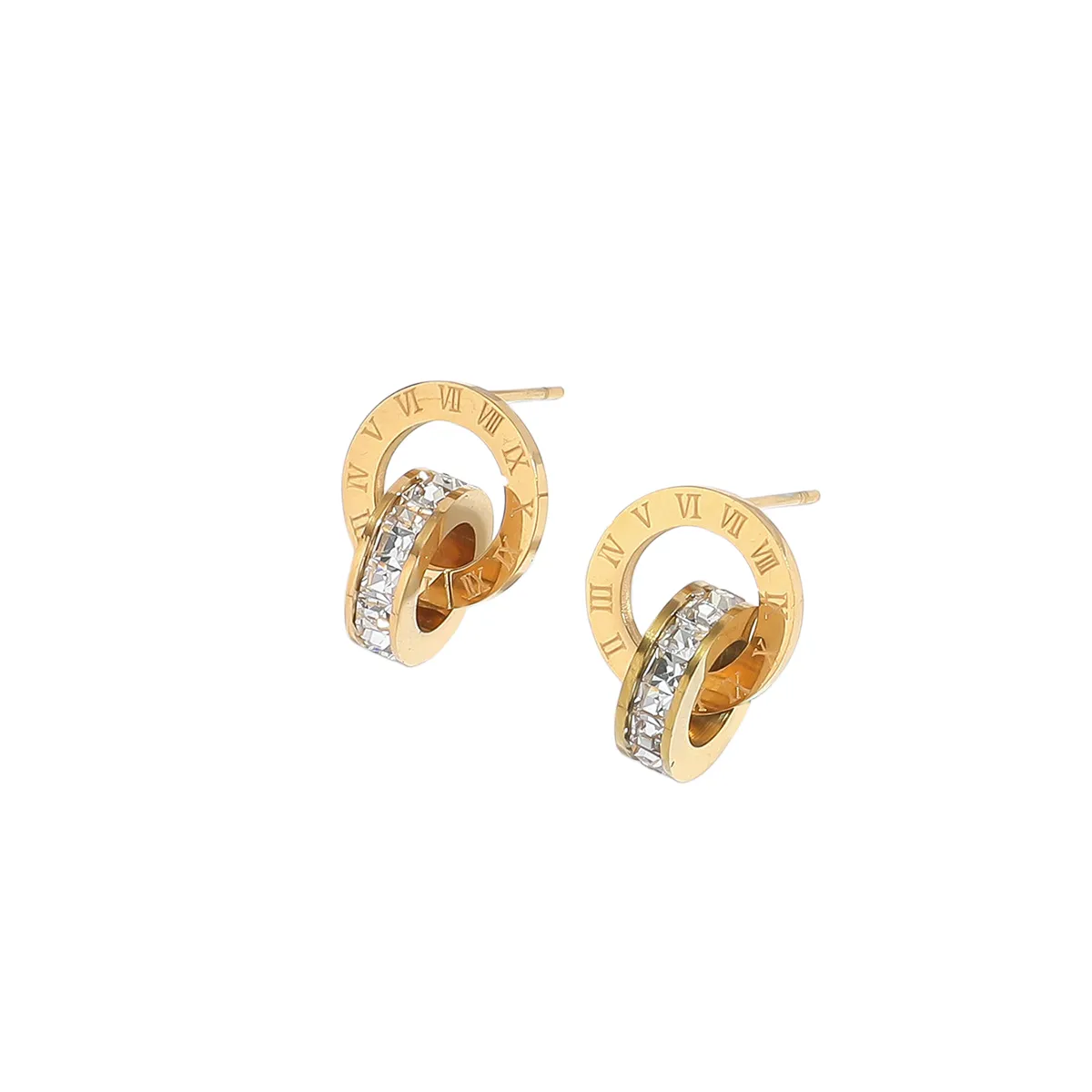 Gold Roman Numeral Crystal Interlock Earrings Stainless Steel.
