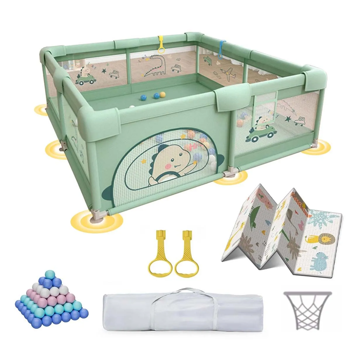 Foldable Baby Playpen with Mat,Balls & Rings, Portable Fence Indoor Outdoor - Green