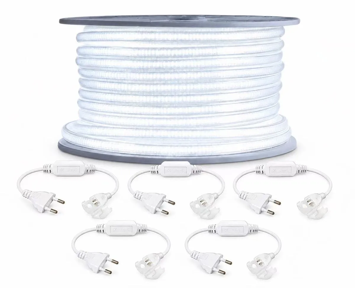 Hello Today 50M IP65 Waterproof 220V COB LED Rope Light Kit with 5pcs Plug - Cool White