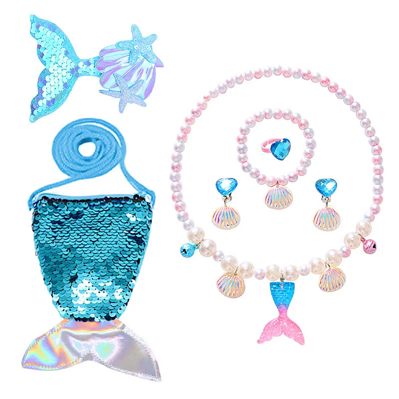 Kids Mermaid Jewelry 7-Piece Set Girls Necklace Bracelet Ring Hair Clip Bag - Blue
