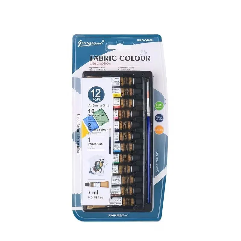 12 Piece Fabric Paint Colour Set with Brush - Textile Art Paint 7ml
