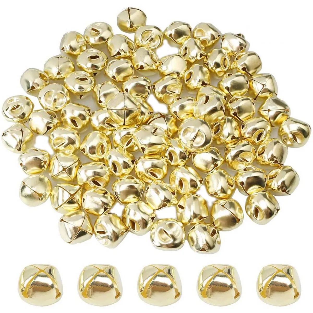 100 Pieces 15mm Metal Bells Mini Craft Bells Beads for DIY Gold