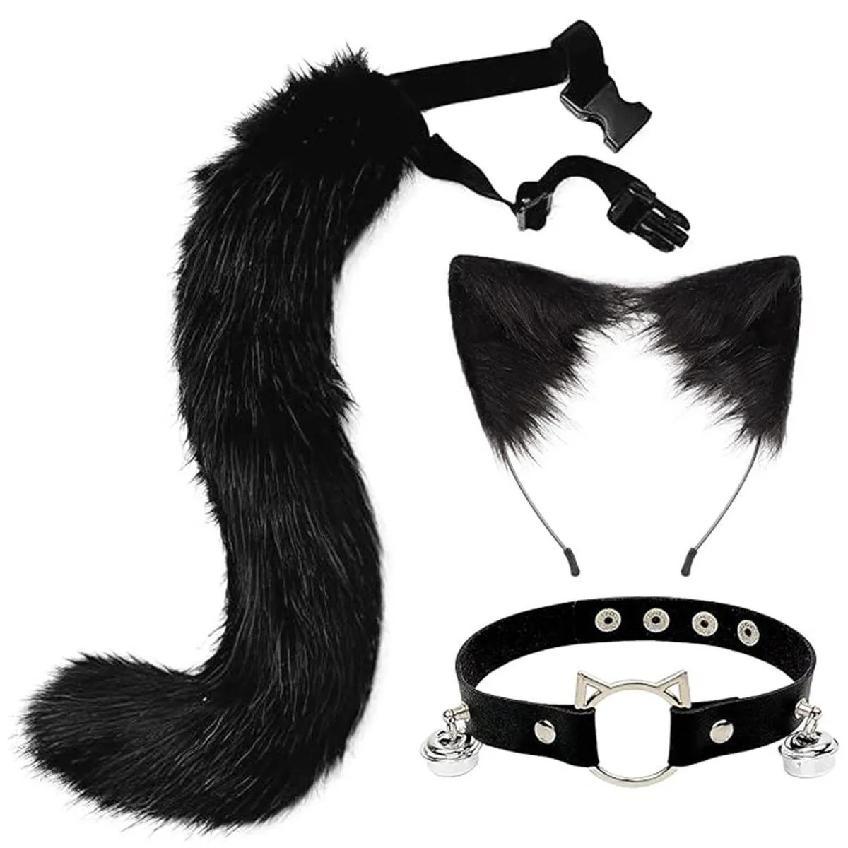 Cosplay Costume With Cat Ears And Tail Leather Neck Chocker Set For Party - Black