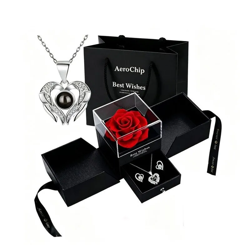 Real Preserved Red Rose - Necklace and Earrings Gift Box