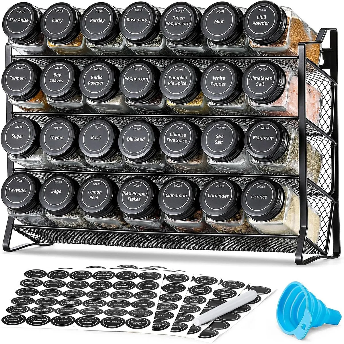 4 Tier Spice Rack Organizer with 28 Spice Containers/Funnel/Stickers/Marker