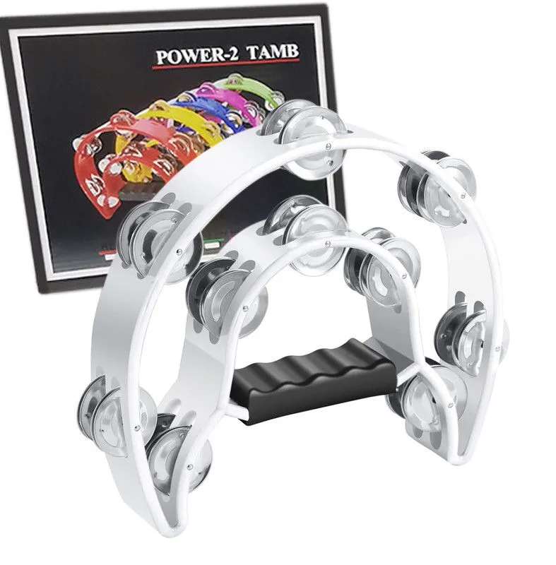 Tambourine Half Moon Double Row Hand Held Jingles Musical Percussion Drum - White