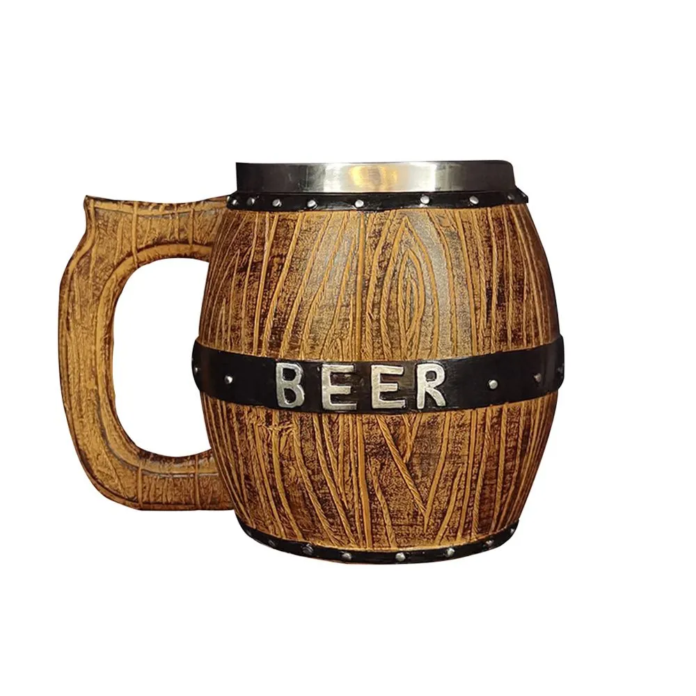 500ML Double Wall Oak Barrel Style Cup Simulation Wooden Barrel Beer Mug