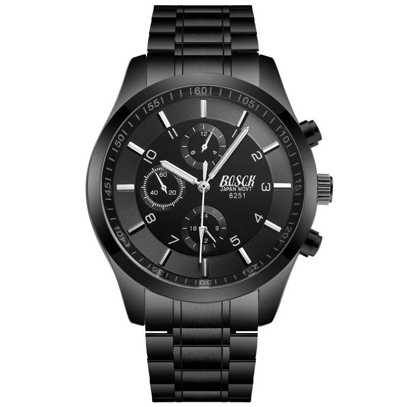 BOSCK Men Sports Style Quartz Watch Stainless Steel Waterproof Male Watches - Black