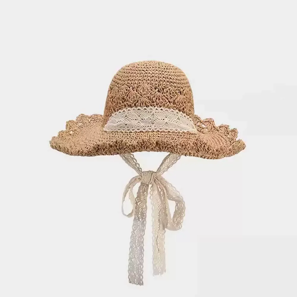 13cm Extra Wide Brim Crochet Straw Sun Hat | Lace Trim Bucket Hat with Chin - Brown
