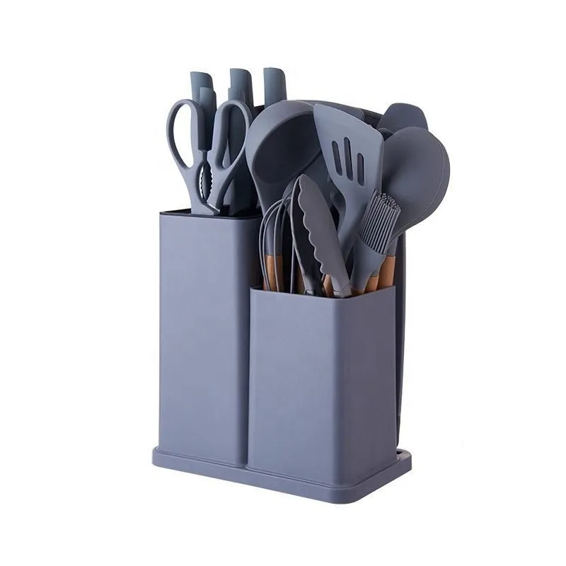 Silicone Kitchenware Kit 19 Pieces Knife & Spoon Set With Storage Rack - GREY