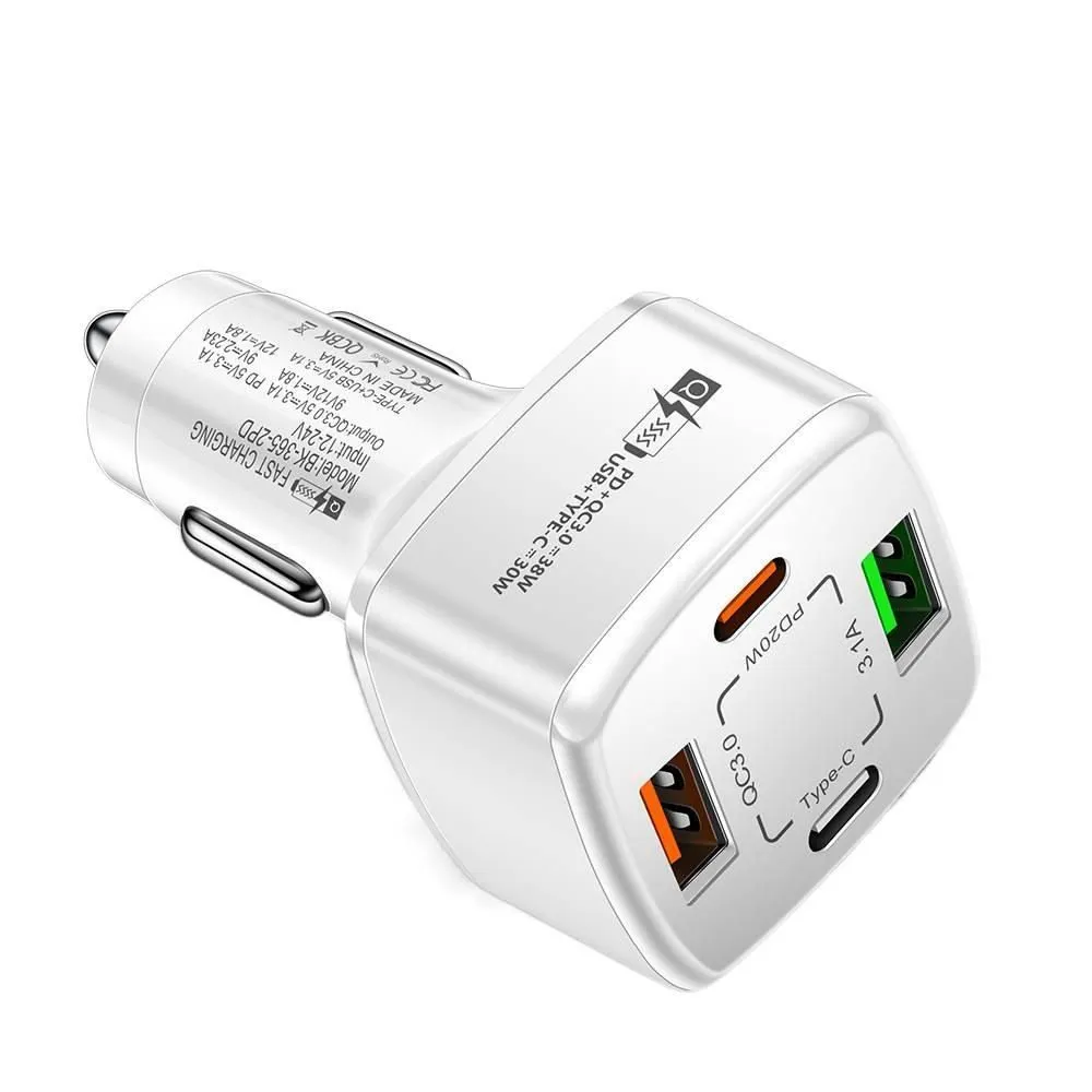 White 38W 4-in-1 Car Charger 2USB 2PD QC3.0
