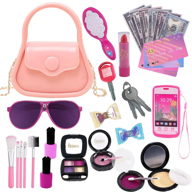 33Pcs Girls Pretend Makeup Kit with Handbag Non Toxic Cosmetics Kit - Pink