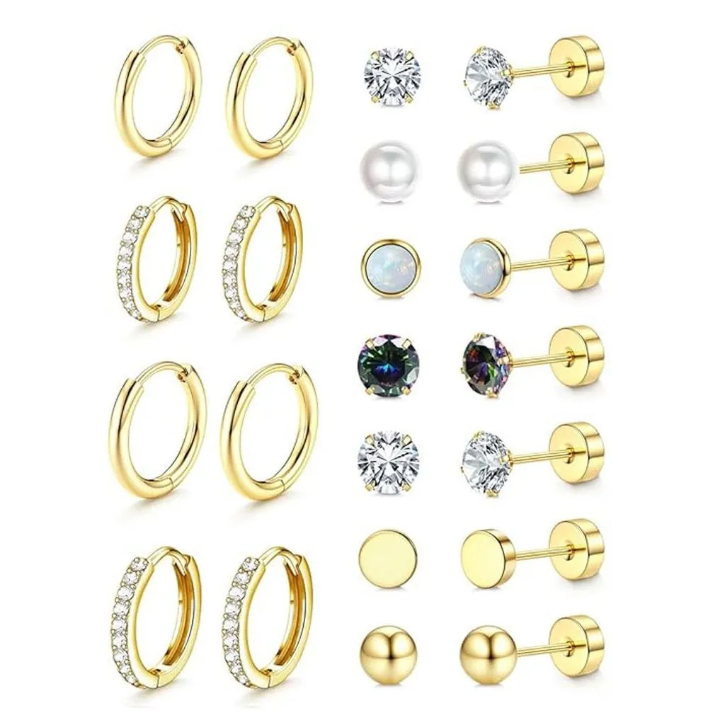 Earrings Stainless Steel Flat Back Stud Hoop Earrings Cartilage jewelry Set - Gold