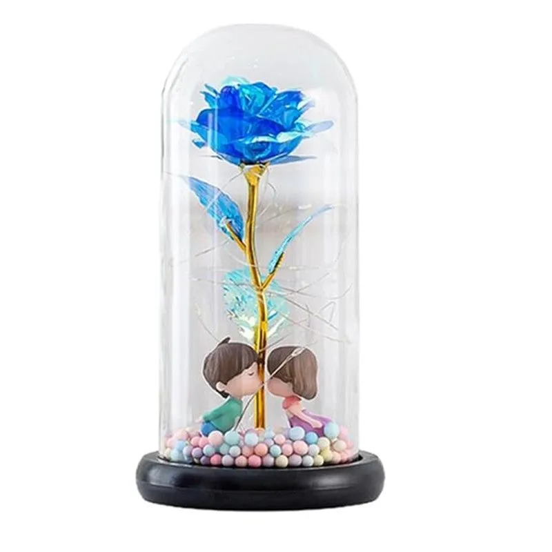 Artificial Flowers Rose LED Lamp in A Glass Dome Bouquet for Home Decor - Blue