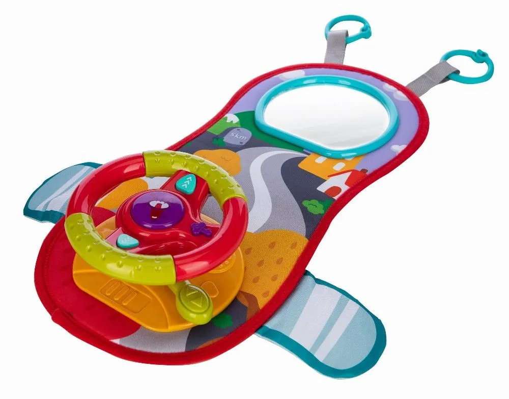 Interactive baby car steering wheel toy with music and mirror