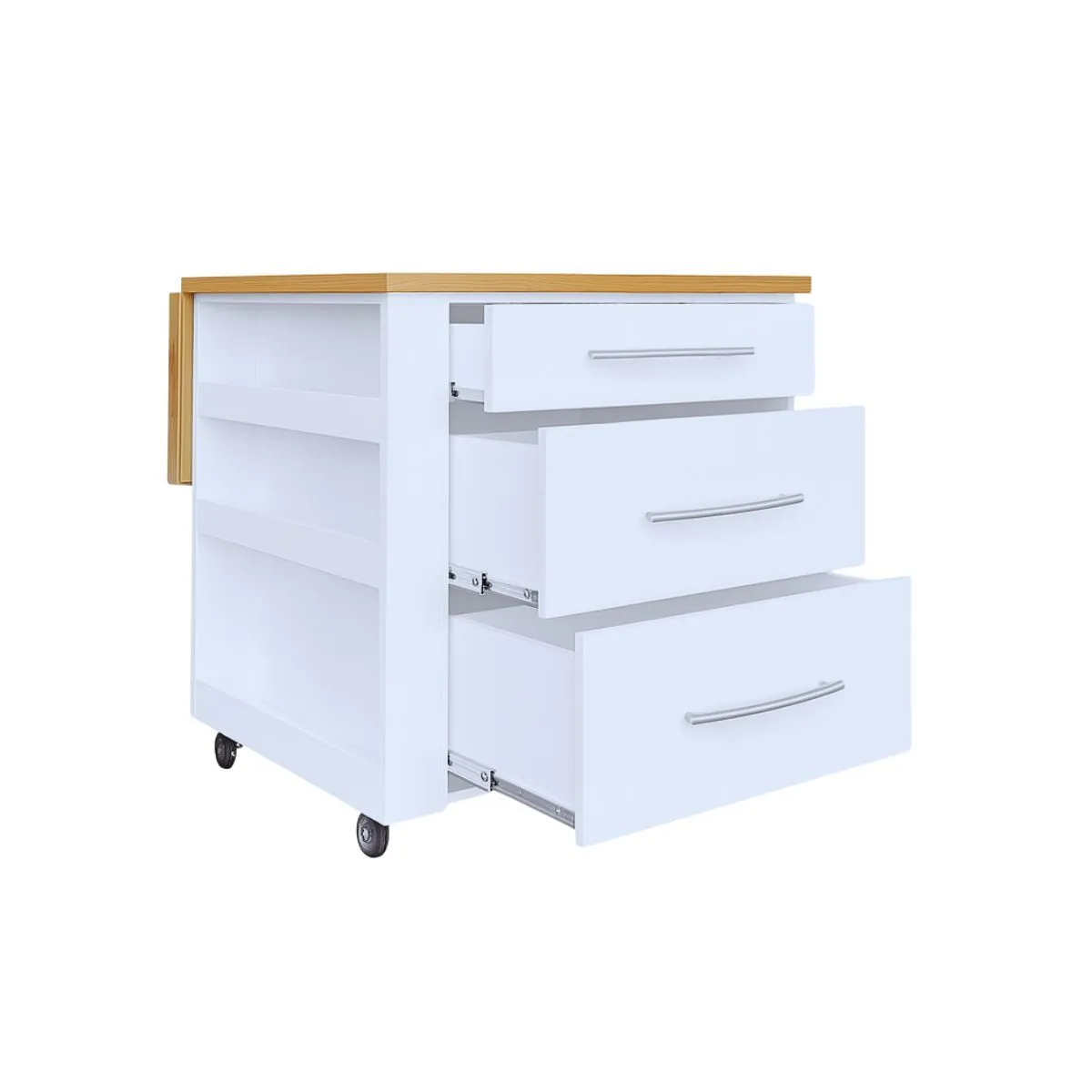 Large Kitchen Island on Wheels with Fold-Out Table and Drawers - White - Kalahari