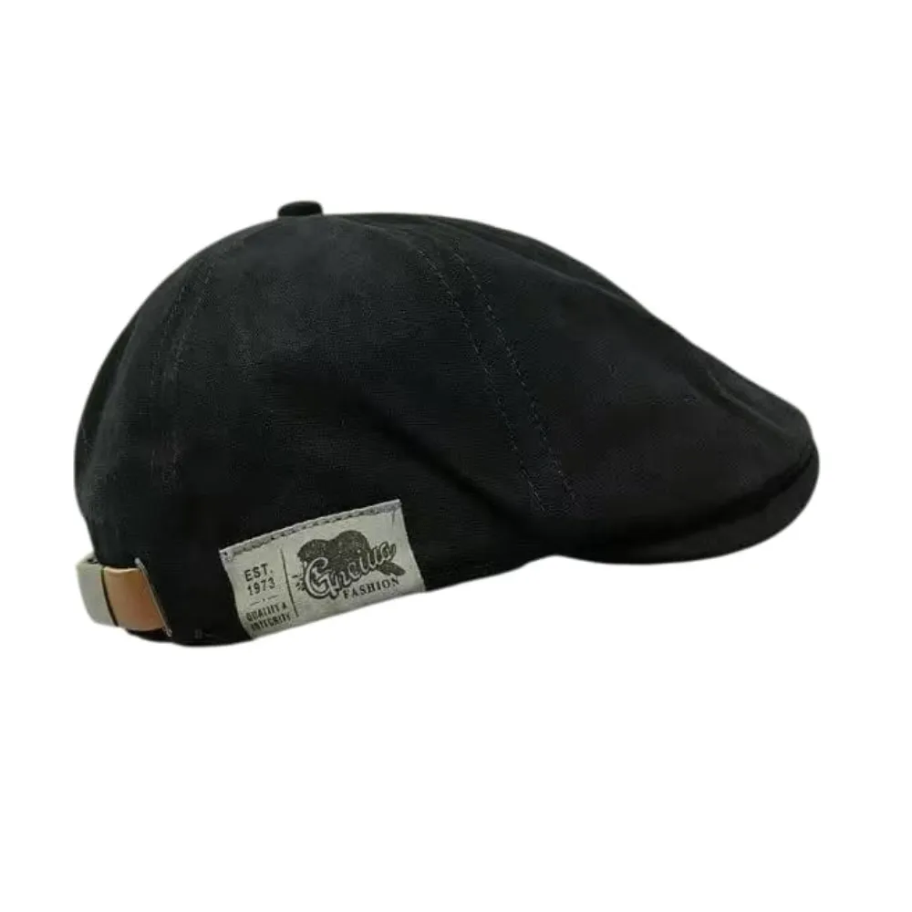 Vintage Cotton Flat Cap - Adjustable Newsboy Hat Unisex - Black