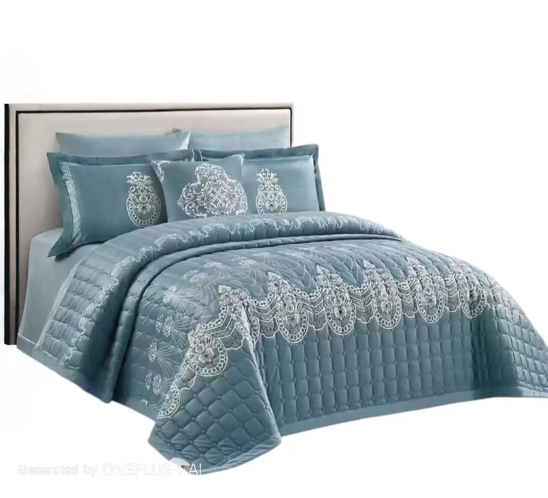 Velvet-Digital Printing Bedspread- 6 Piece - King Size - Blue