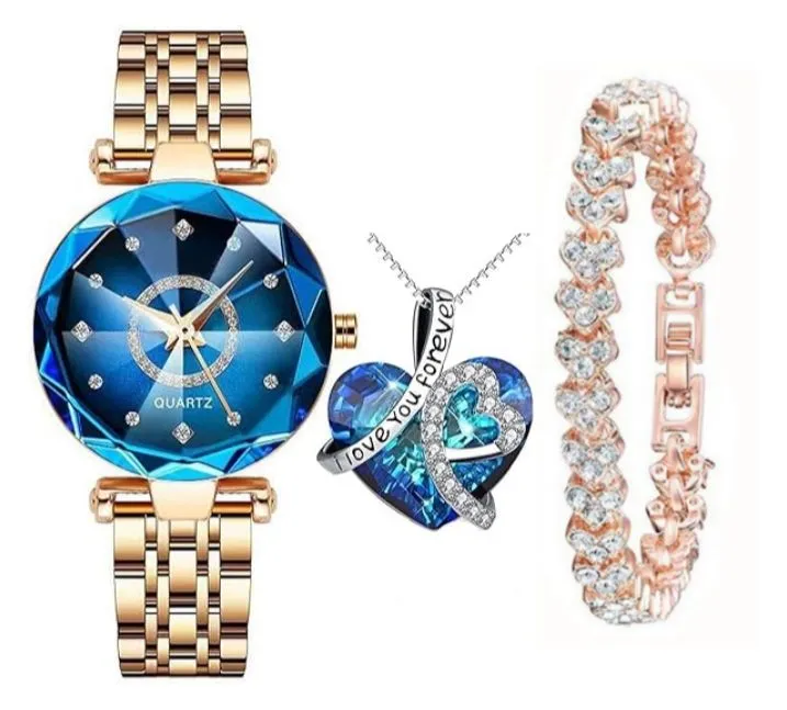 3 PCS Luxury Women's Quartz Watch Necklace Bracelet - Ocean Heart Series