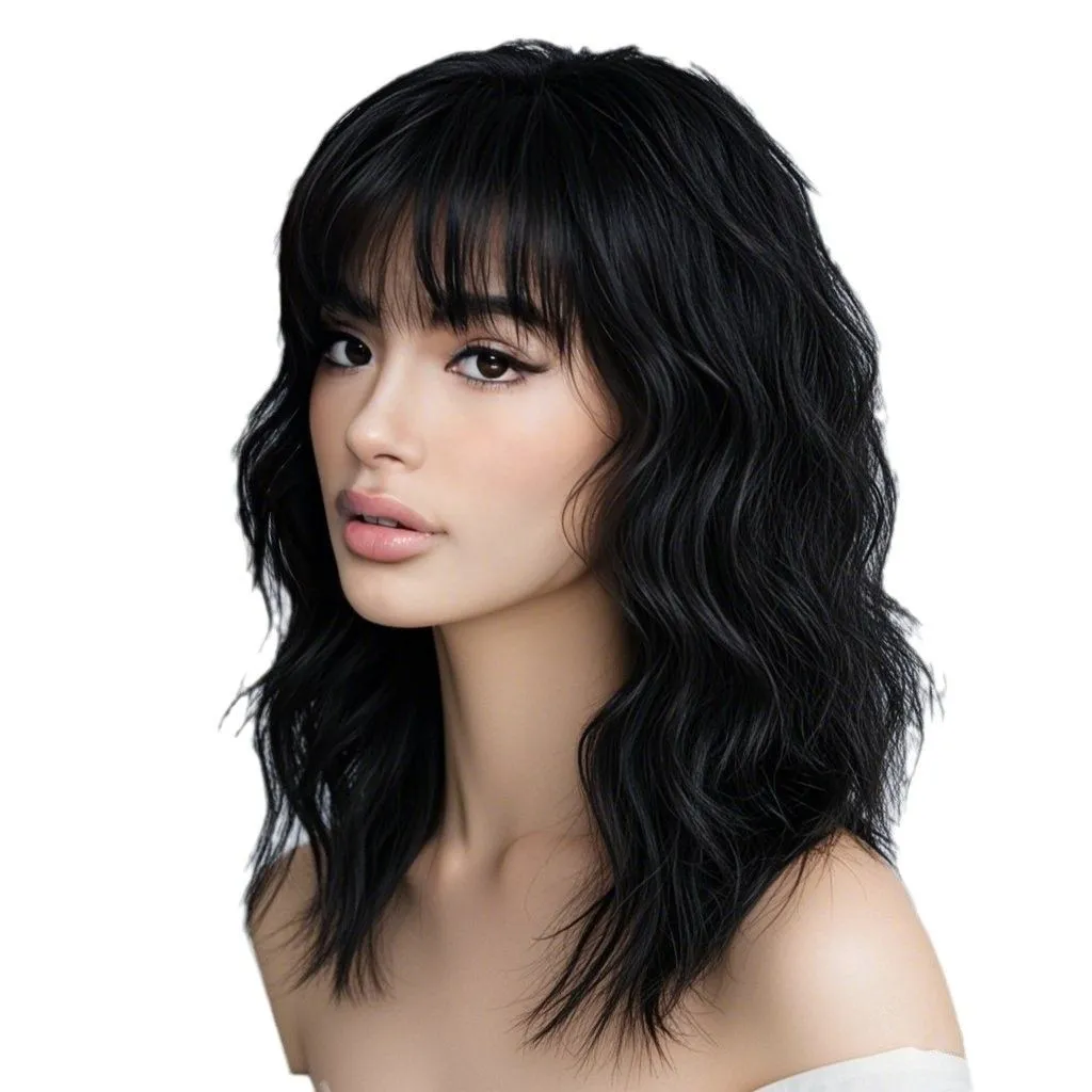 18 Inch Women's Shoulder-Length Wig Curly Water Wave Bangs Full Cap