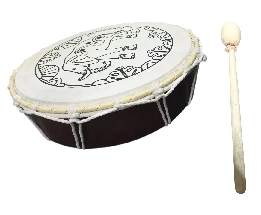 Shaman Hand Held Patterned Goatskin Drum With Beater Stick - 30cm Round - Elephant Pattern 