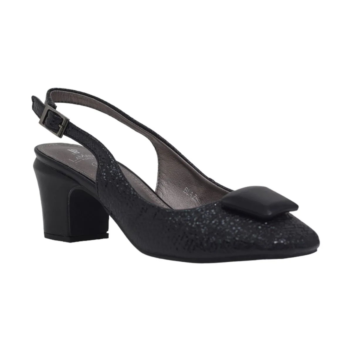 LaMara Paris Blaze Block 5.5 cm Heel Sling Back With SQR Trim Pumps Black