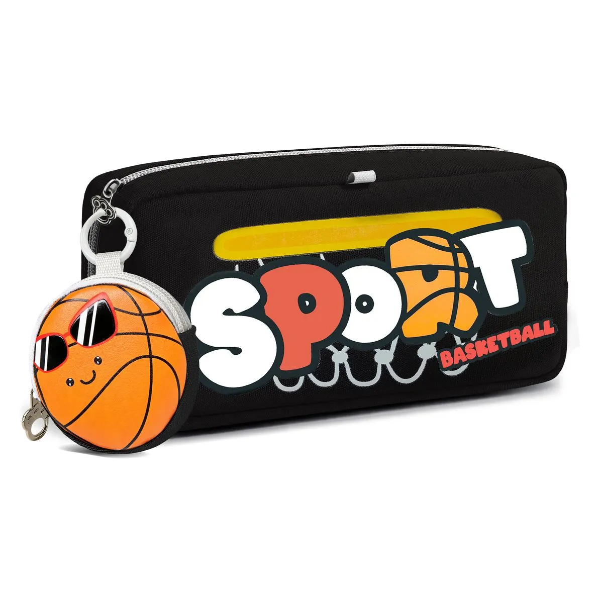 Sport Pencil Case Large Capacity Pencil Pouch with Detachable Coin Purse - Black-Basketball