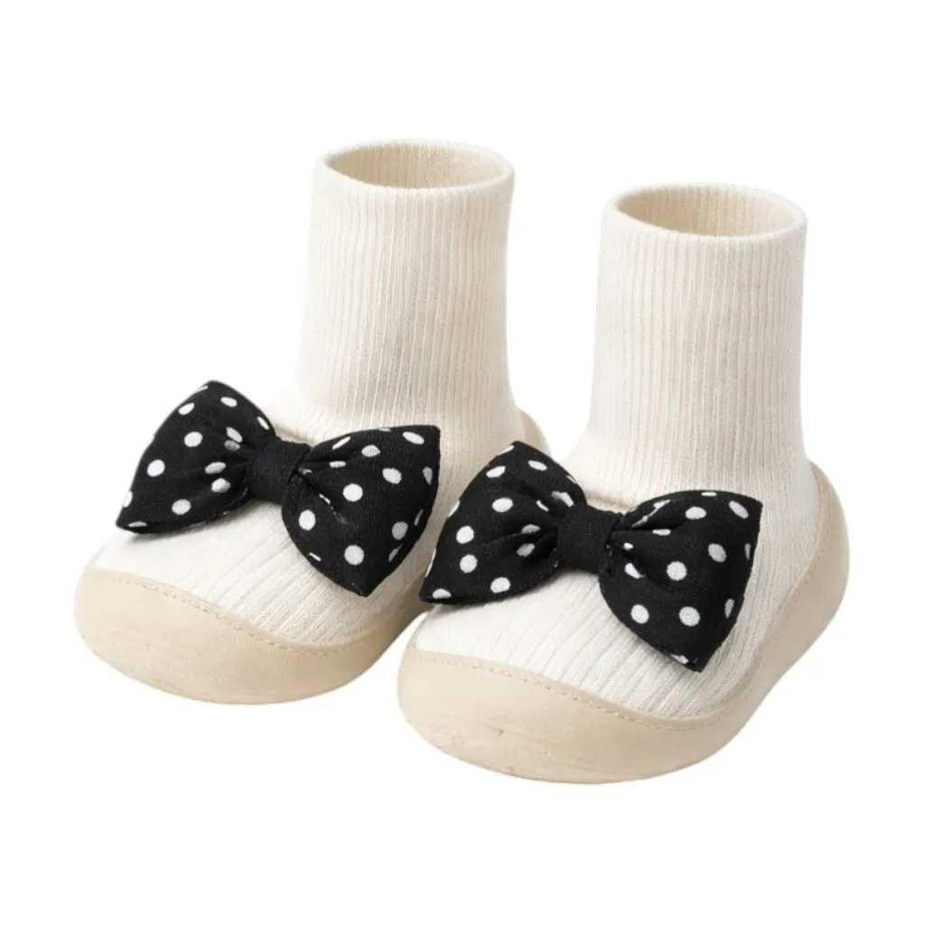 Charming Sock Shoes For Baby Girls With Dotted Designed Bow - Cream