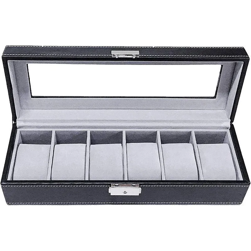 CellTime 6 Slot Watch Box Organizer PU Leather with Glass Top - Black
