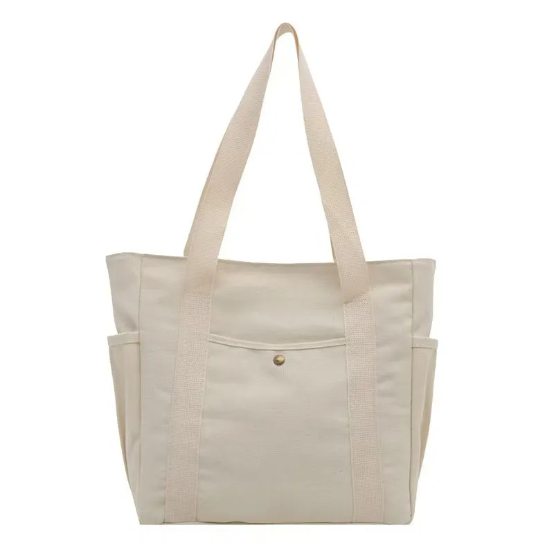 Multifunctional Canvas Large Capacity Shoulder Tote Bag Pockets-Beige