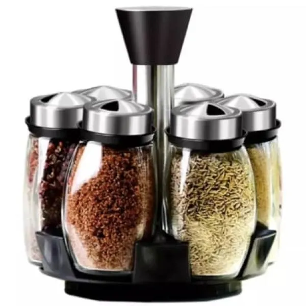 6 Piece Glass Spice Jar Rack With Rotating Stand